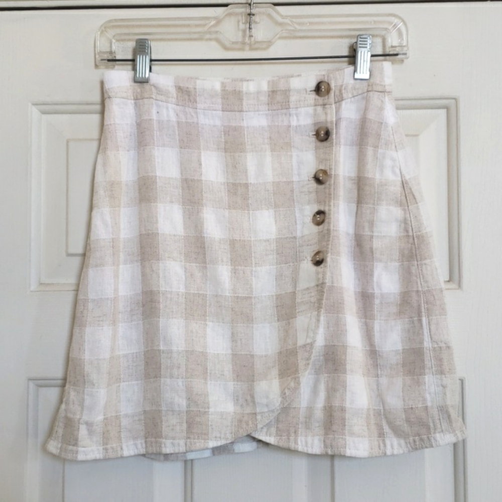 Madewell Linen Blend Tulip Hem Gingham Mini Skirt Tan White Size 0 - Picture 3 of 12